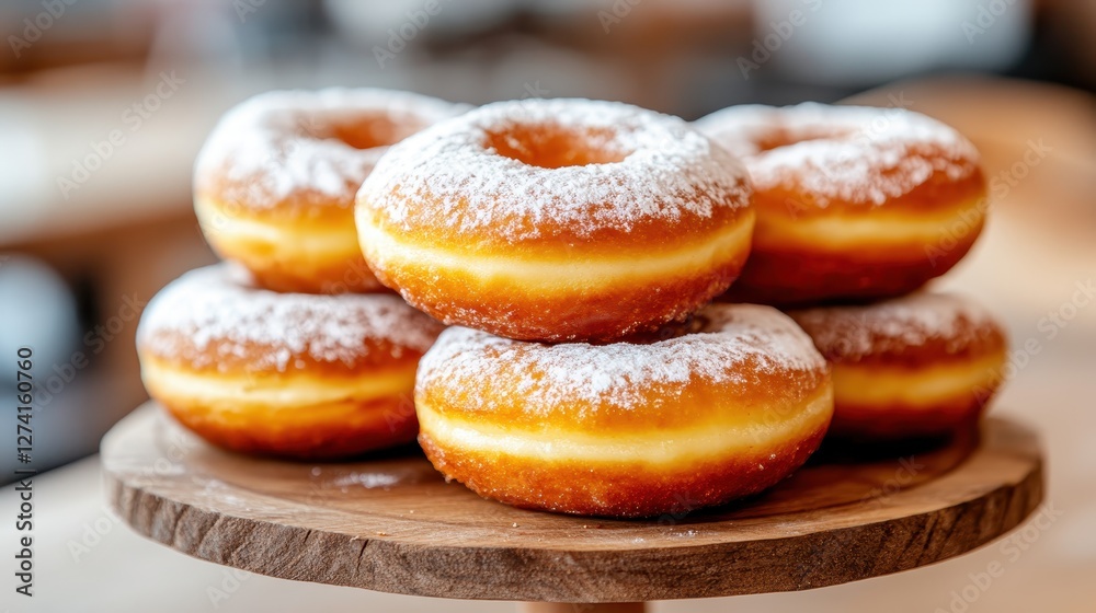 A close-up view of freshly made donuts piled high, sprinkled with powdered sugar, reveals a tempting treat ideal for breakfast, brunch, or sweet moments with loved ones. A close-up view of freshly made donuts piled high, sprinkled with powdered sugar, reveals a tempting treat ideal for breakfast, brunch, or sweet moments with loved ones.