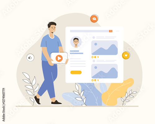 Influencer posts new photos to online blog, creates content, collects likes and hearts. Social media content marketing, sharing images and videos. Flat vector illustration.	
