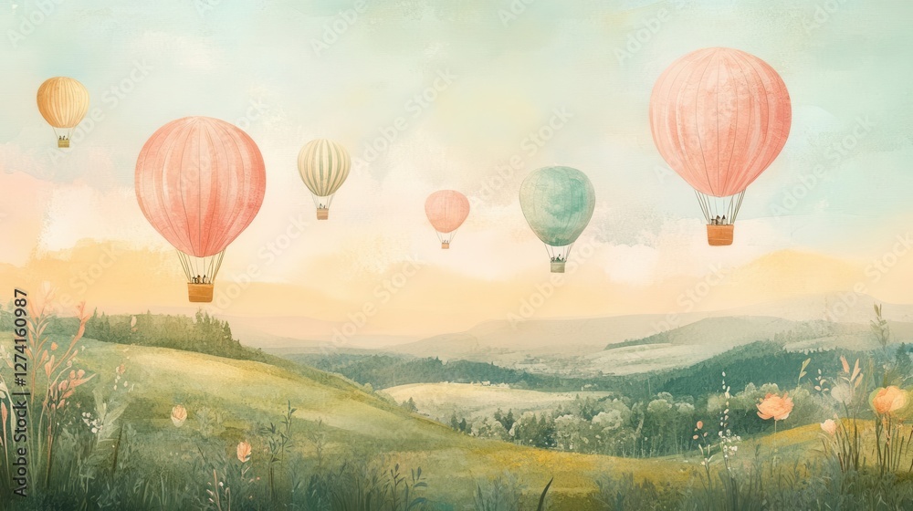 Obraz premium Watercolor Hot Air Balloons in Vibrant Colors Over a Peaceful Countryside at Sunrise