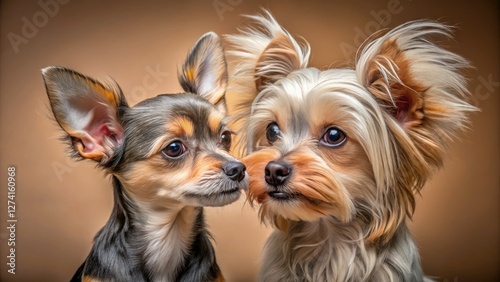 One-month-old Yorkshire Terrier and Chinese Crested puppies: adorable fluffball portraits. photo