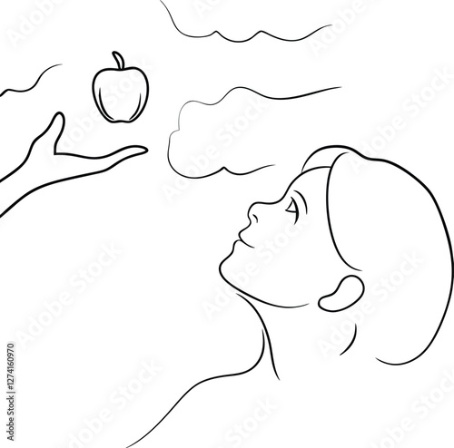 Woman gazes upward, receiving forbidden fruit, divine apple, heavenly clouds