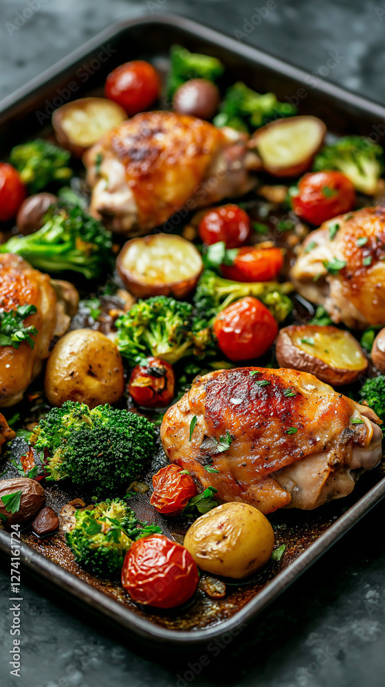 Chicken thighs sheet pan dinner with vegetables