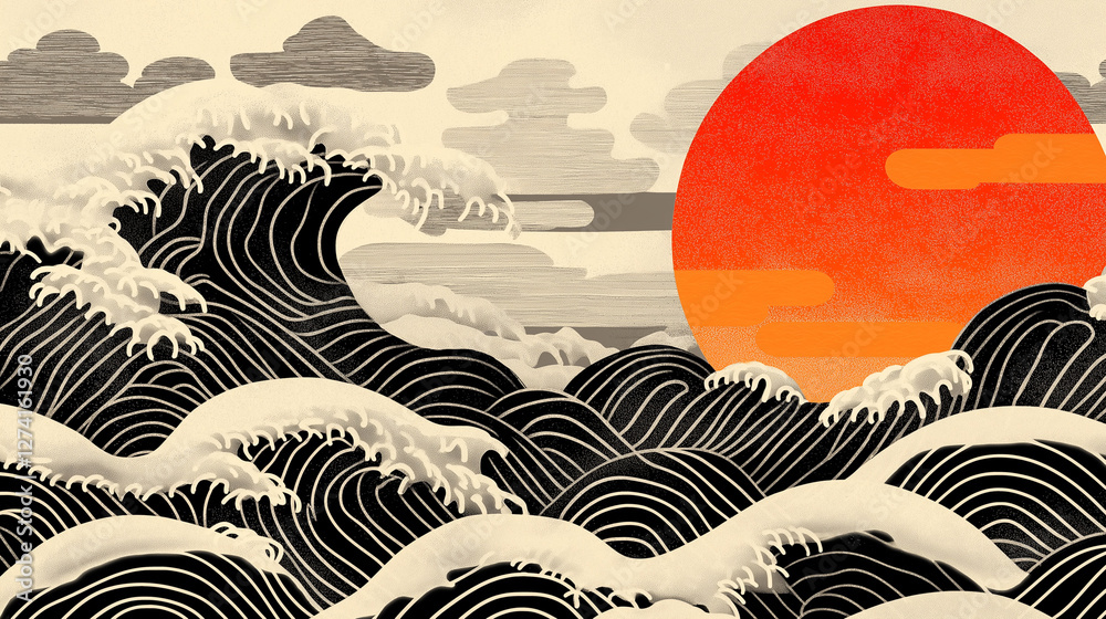Fiery sun behind undulating stylized waves