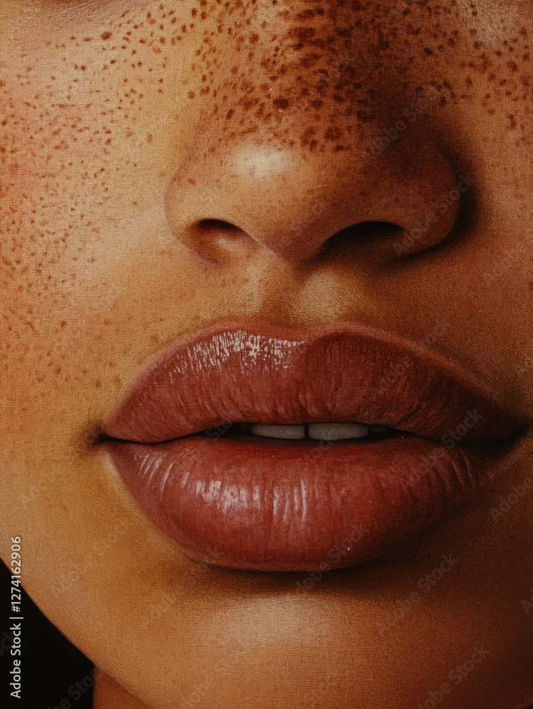 Obraz premium close up of person lips and nose, showcasing natural freckles and smooth skin texture. image highlights glossy lips and detailed skin features, emphasizing natural beauty