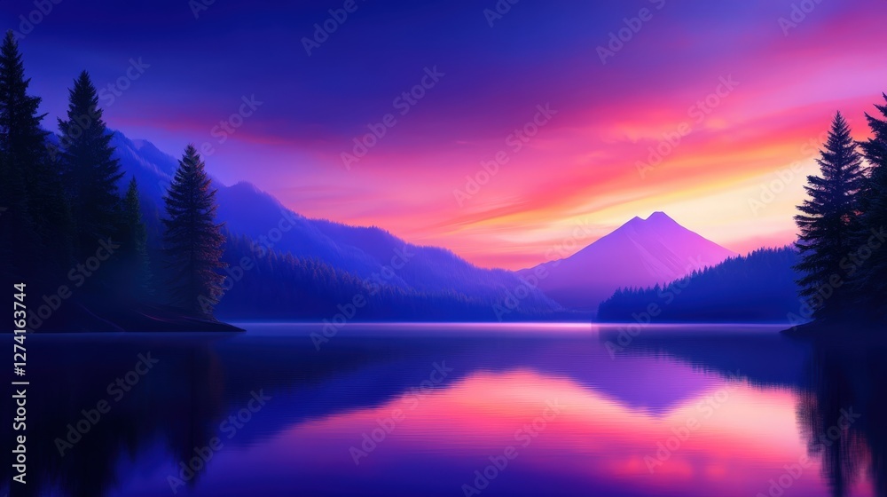 Fototapeta premium A breathtaking twilight scene featuring vibrant hues of purple and pink reflecting off a serene lake, surrounded by majestic mountains and lush evergreen trees, capturing nature's