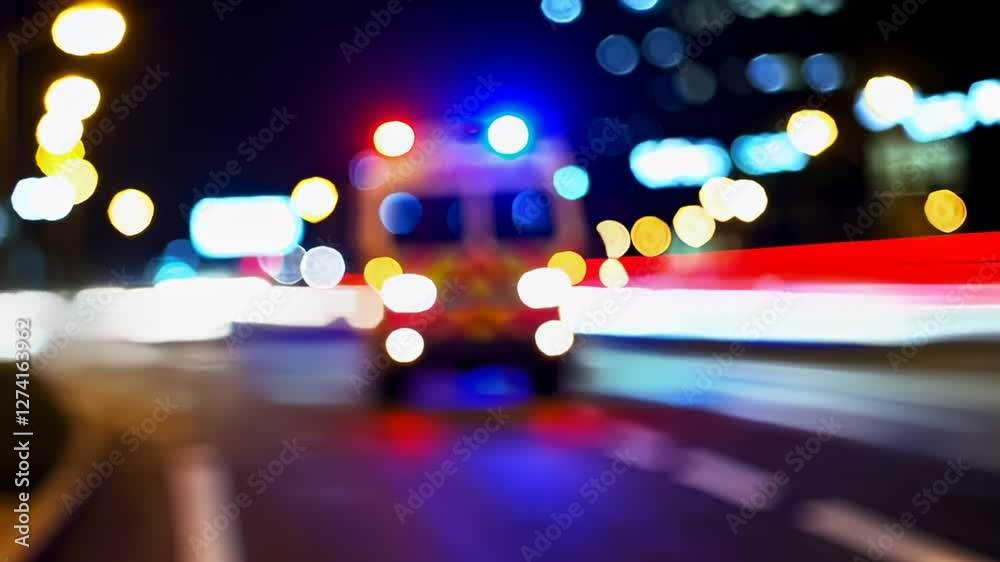 Paramedics driving ambulance on city streets at night with emergency lights flashing and blurred motion, creating a sense of urgency and speed, in slow motion