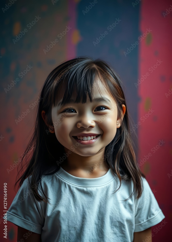 East asian kid girl colorful background wearing plain white tshirt smiling happy portrait East Asian china japan japanese asian korea korean taiwan east asia singapore singaporean chinese taiwanese ho East asian kid girl colorful background wearing plain white tshirt smiling happy portrait East Asian china japan japanese asian korea korean taiwan east asia singapore singaporean chinese taiwanese ho