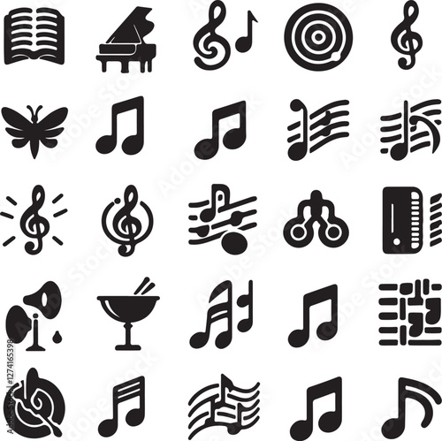 Music notes icon set silhouette vector style minimalist white background