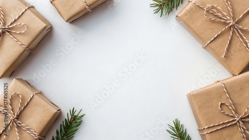 Flat lay paper craft gift boxes border frame on a white background with copy space in the center photo