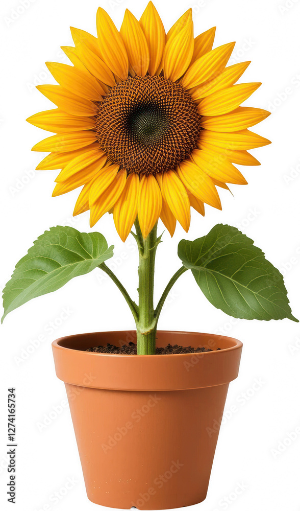 Obraz premium Vibrant Yellow Sunflower in Terracotta Pot Blooming Summer Flower Nature Photography