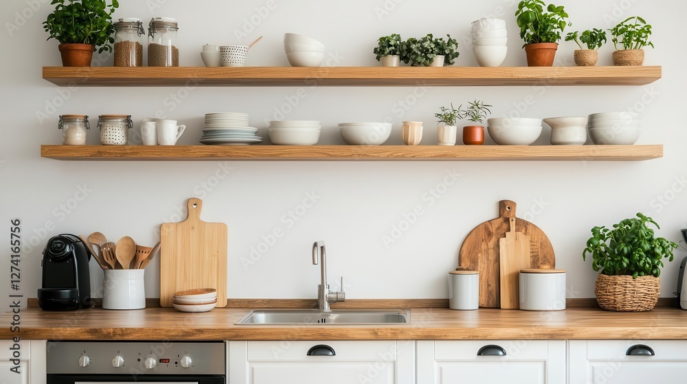 Small guest house kitchen with open shelving, warm wood tones, and cozy decor Small guest house kitchen with open shelving, warm wood tones, and cozy decor