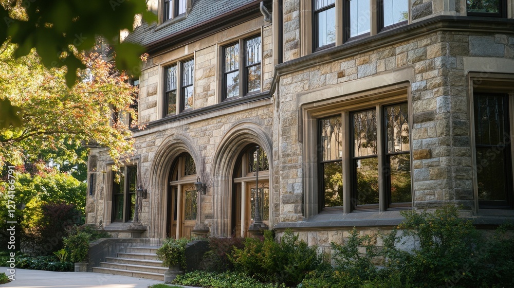 Fototapeta premium Historic stone building with large arched windows and lush greenery