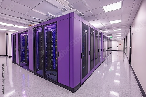 High-Tech Data Center with Illuminated Server Racks