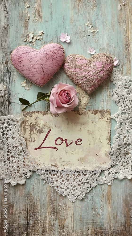 Two lacy Valentine hearts with rose and love word vertical