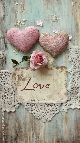Obraz na płótnie Two lacy Valentine hearts with rose and love word vertical w salonie
