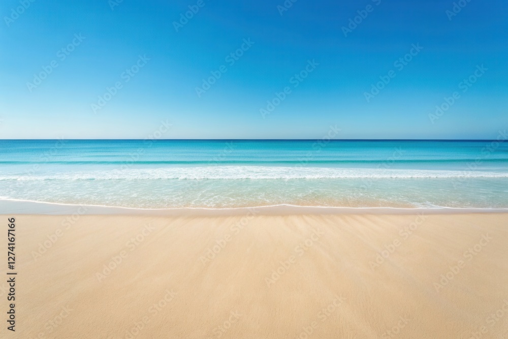 Obraz premium Minimal top view beautiful extensive tropical turquoise beach with deep blue sky, Skyline between ocean and wide sand beach in clean look