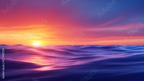 A mesmerizing sunset over the ocean, featuring vibrant hues of purple, pink, and orange reflecting on gentle waves, creating a serene and peaceful atmosphere perfect for relaxation