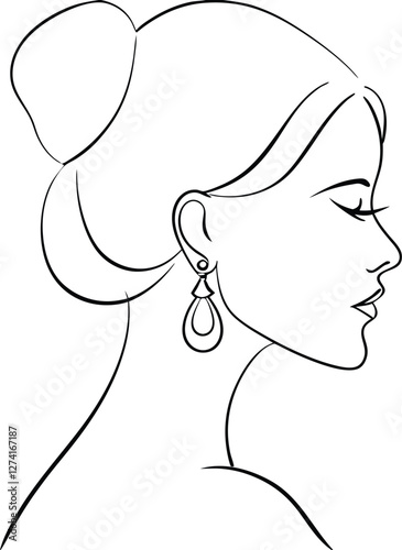 Elegant Woman Profile, Simple Line Drawing, Hair Bun, Earrings, Fashion Illustration