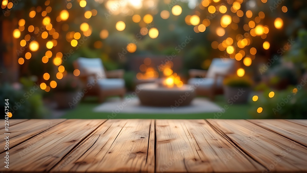 An empty wooden table set for an evening party in a backyard. An empty wooden table set for an evening party in a backyard.