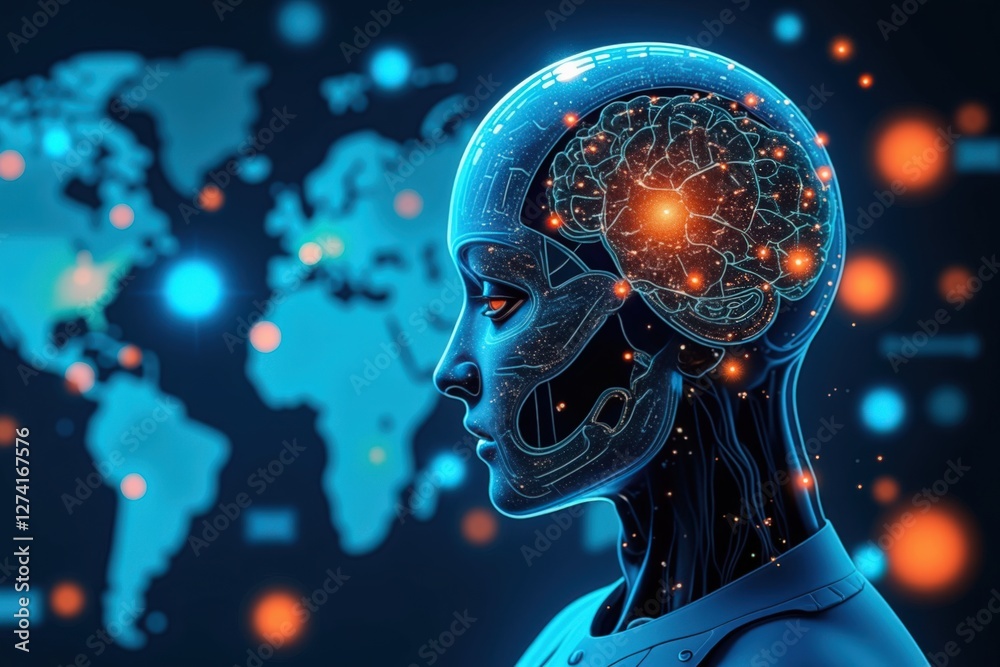 An AI humanoid figure with a glowing brain silhouette against a digital world map, representing the intersection of technology, intelligence, and global connectivity. An AI humanoid figure with a glowing brain silhouette against a digital world map, representing the intersection of technology, intelligence, and global connectivity.