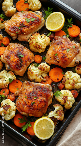 One pan dinner of chicken thighs with carrots, cauliflower and lemon