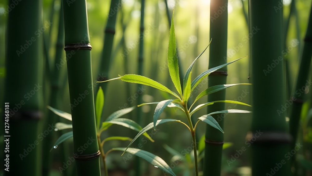 Obraz premium Serene Bamboo Forest with Dew-Kissed Leaves