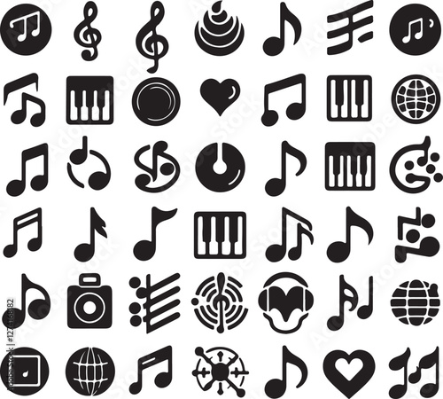Music notes icon set silhouette vector style minimalist white background