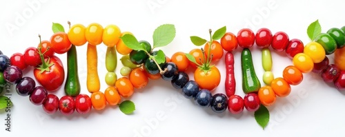 Colorful fruit & veggie helix, showcasing nutritional elements & chromosome-like form, fruit, genome
