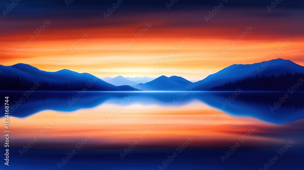 Fototapeta premium A stunning sunset illuminating a tranquil lake surrounded by majestic mountains. The vibrant colors reflect on the water, creating a serene and picturesque view of nature's beauty.