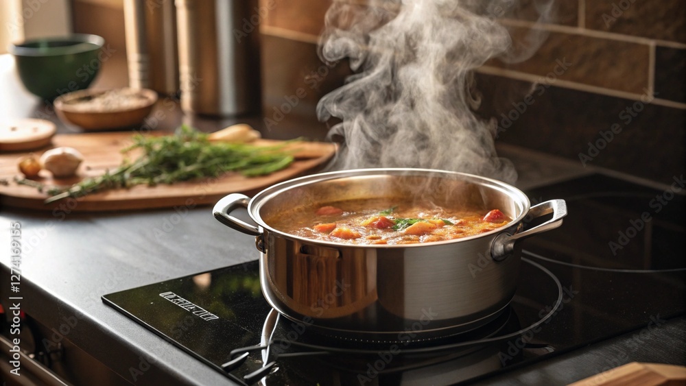Rustic kitchen scene featuring a pot of hot soup cooking on a stovetop, with steam gently rising. Warm and inviting image for food blogs, cookbooks, and home-style cooking themes Rustic kitchen scene featuring a pot of hot soup cooking on a stovetop, with steam gently rising. Warm and inviting image for food blogs, cookbooks, and home-style cooking themes