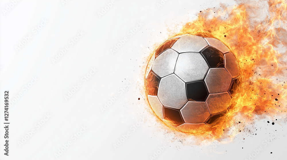 Naklejka premium Blazing Goal: A soccer ball bursts into flames, symbolizing the fiery passion and dynamic action of the game, set against a simple backdrop, perfect for sports themes.