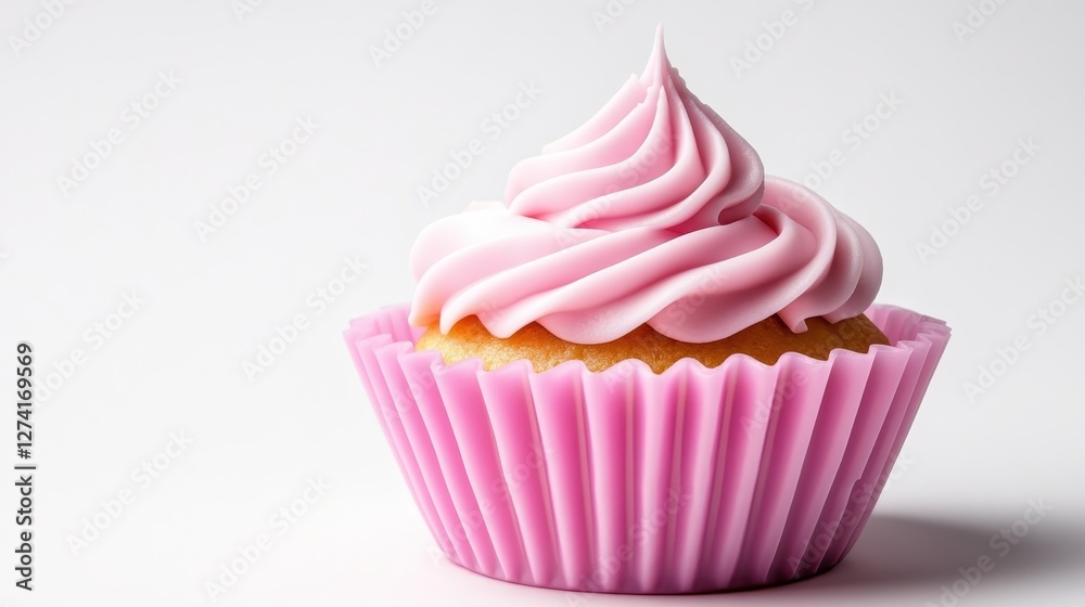 A single cupcake with luscious pink frosting in a decorative wrapper stands out against a neutral background, symbolizing treats and joyful moments. A single cupcake with luscious pink frosting in a decorative wrapper stands out against a neutral background, symbolizing treats and joyful moments.