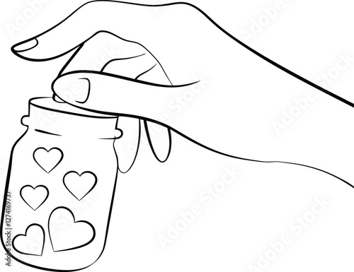 Womans Hand Opening Jar Filled with Small Hearts Illustration