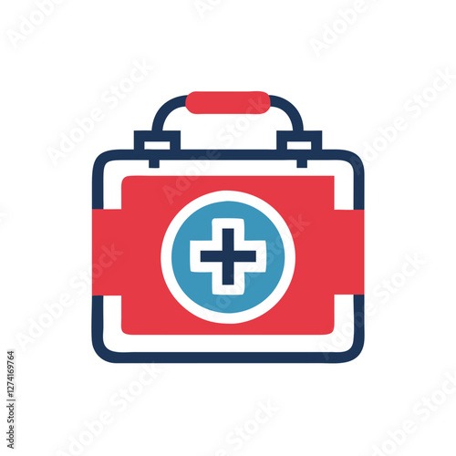 First aid kit icon in modern style with red and blue colors, emergency medical kit, copy space