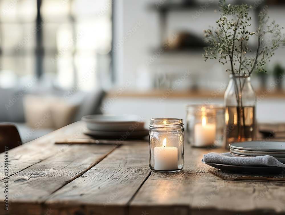 Cozy guest house dining area with rustic table, candles, and ambient lighting, intimate setting