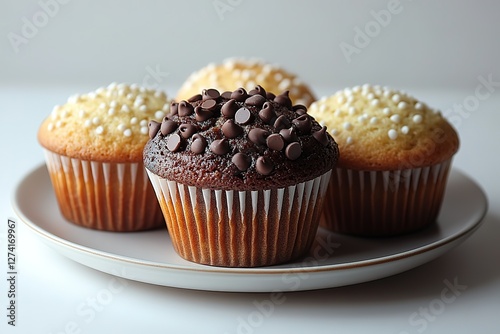 Assorted Muffins: Chocolate chip and sugar-topped muffins are arranged on a plate a sweet indulgence for any occasion