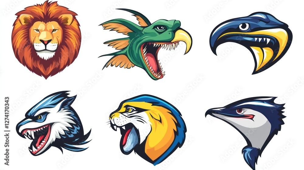 Naklejka premium Cartoon animal heads, various species, diverse collection. Use stock photo