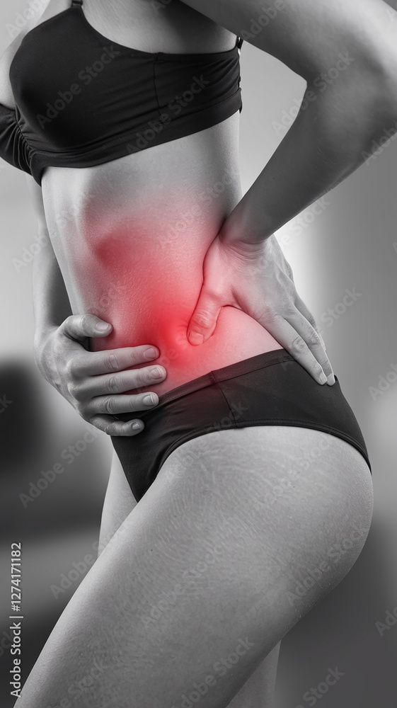 Fototapeta premium Grayscale image of a woman with highlighted red abdominal area, indicating lower belly pain or discomfort, symbolizing issues like cramps, indigestion, or other health concerns.