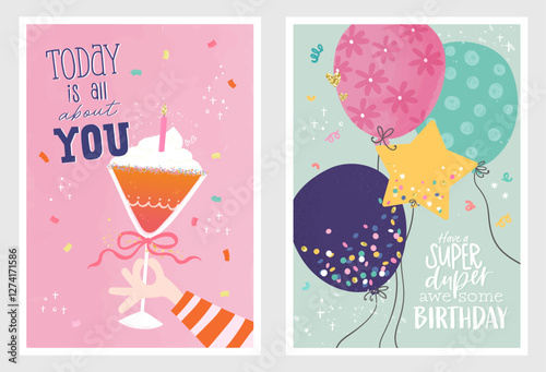 Set of birthday postcards with  confetti, balloons, cocktail and hand writing. Invitations, happy birthday. Vector templates great for card, poster, flyer or banner