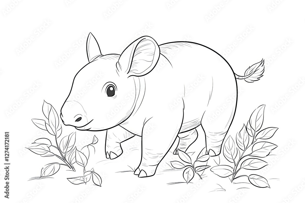 Fototapeta premium Baby tapir with a small snout, walking through tiny leaves.