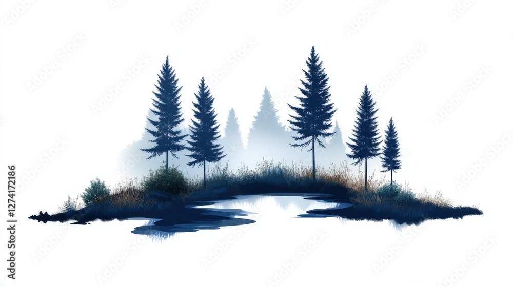 Obraz premium Tranquil forest clearing with tall pine trees reflecting in a calm pond