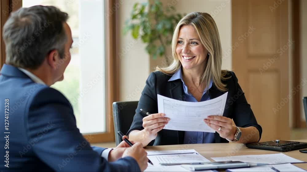 Man and a woman are sitting at a table with papers in front of them. The woman is holding a piece of paper and smiling. The man is writing something on a piece of paper Man and a woman are sitting at a table with papers in front of them. The woman is holding a piece of paper and smiling. The man is writing something on a piece of paper