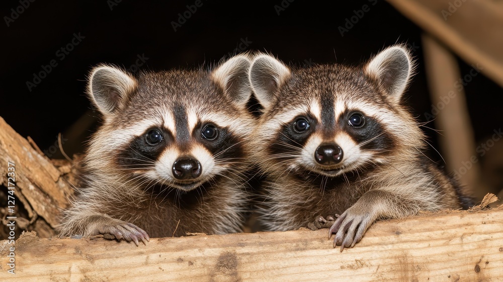 Two charming raccoons peek out from their cozy den, showcasing their distinctive black and white masks in a warm and inviting woodland environment filled with natural textures. Two charming raccoons peek out from their cozy den, showcasing their distinctive black and white masks in a warm and inviting woodland environment filled with natural textures.