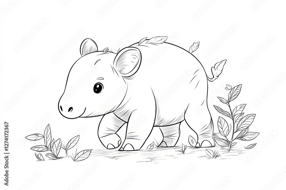 Obraz premium Baby tapir with a small snout, walking through tiny leaves.