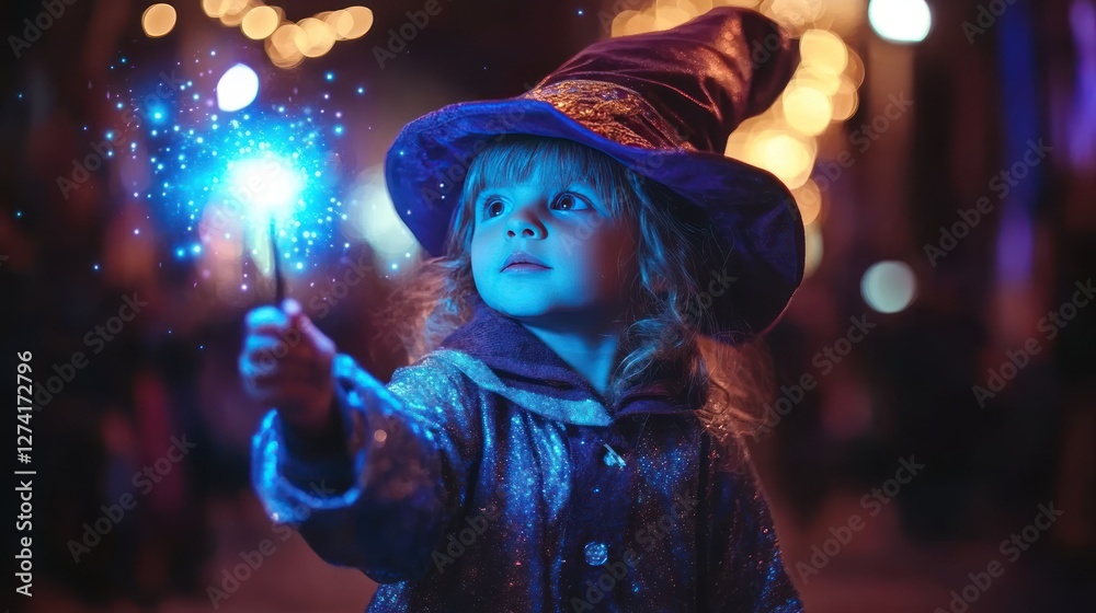 Fototapeta premium A small child in a magician outfit, performing a trick with a wand