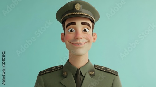 Smiling cartoon soldier, studio shot, teal background,  website avatar