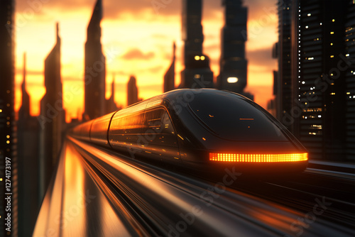 Futuristic train glides through a modern cityscape at sunset with towering skyscrapers in the background