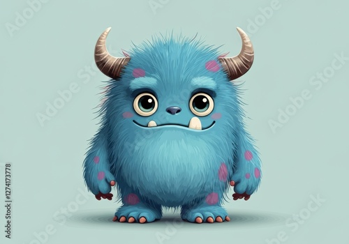 Cute blue monster with fluffy fur and playful expression