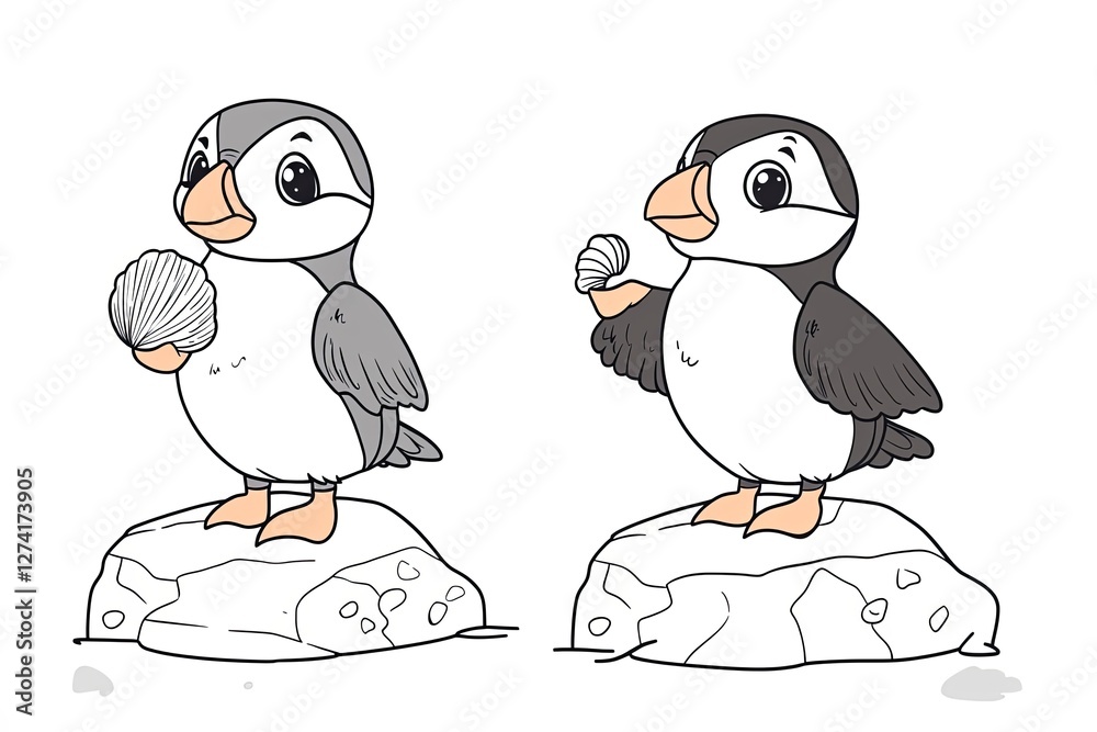 Fototapeta premium Little puffin holding a tiny seashell, standing on a rock.