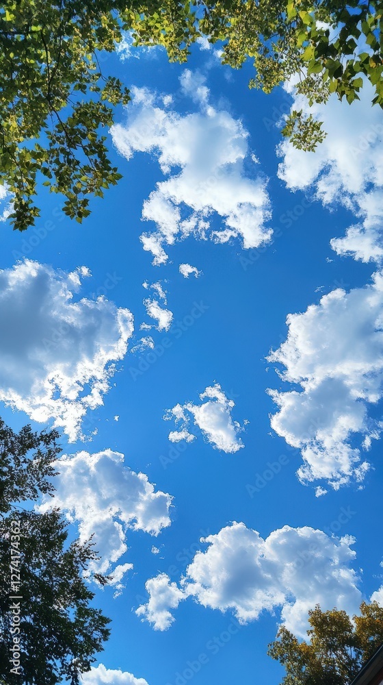 Bright blue sky filled with fluffy clouds above a vibrant green park during midday sunshine Bright blue sky filled with fluffy clouds above a vibrant green park during midday sunshine